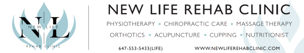 Banner for New Life Rehab Clinic featuring the logo and list of services including physiotherapy, chiropractic care, massage therapy, orthotics, acupuncture, cupping, and nutritionist, with contact number and website URL.