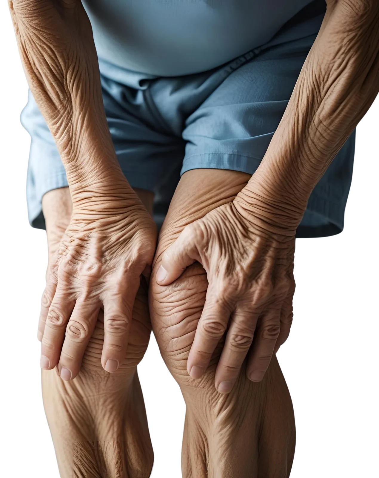 An older adult wearing shorts holds their knee with both hands, possibly indicating discomfort or pain—an ideal candidate for massage therapy at New Life Rehab Clinic.