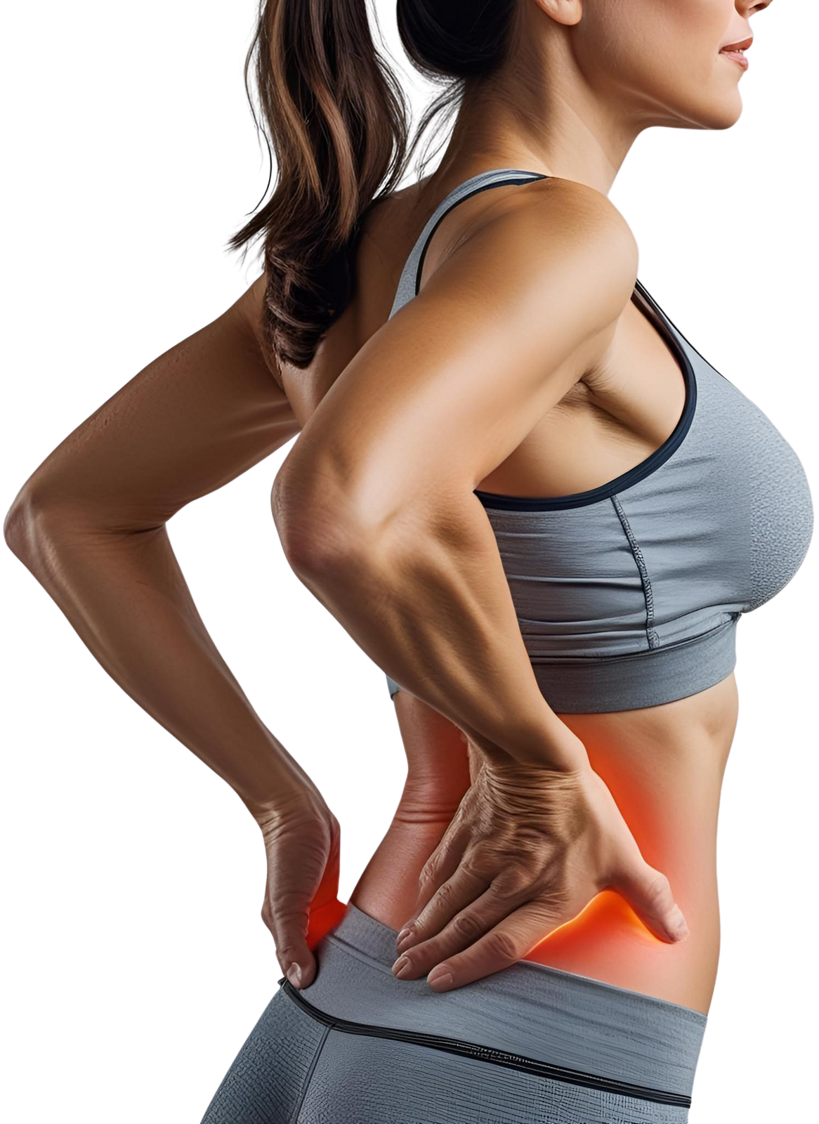 A woman in athletic wear holds her lower back, highlighted with a red glow to indicate lower back pain, showcasing the need for relief at New Life Rehab Clinic.