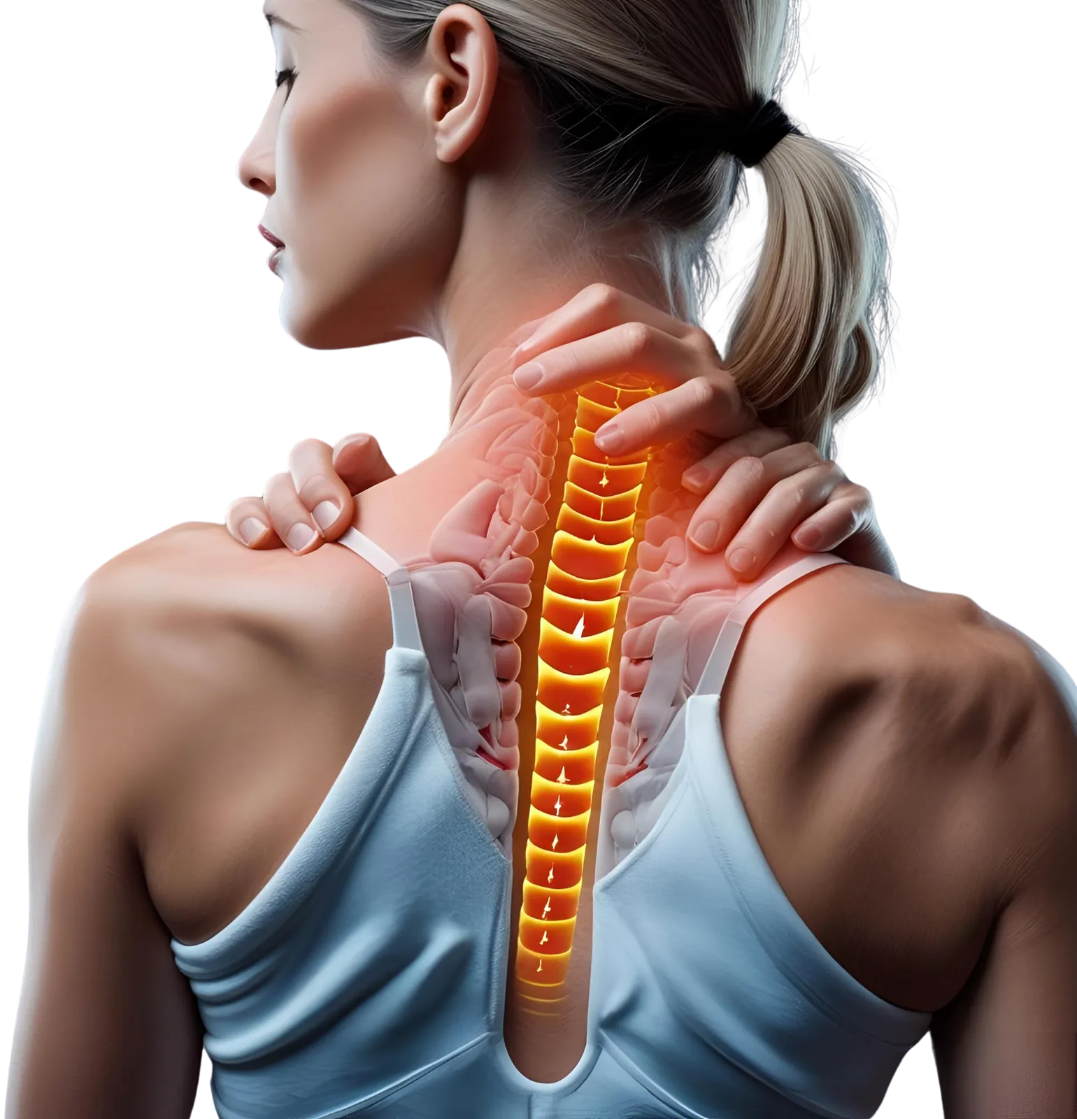 A woman in a white tank top touches her painful neck. Her spine is illustrated in glowing orange, highlighting Neck and Shoulder Pain along her upper back—depicting the discomfort treated at New Life Rehab Clinic.