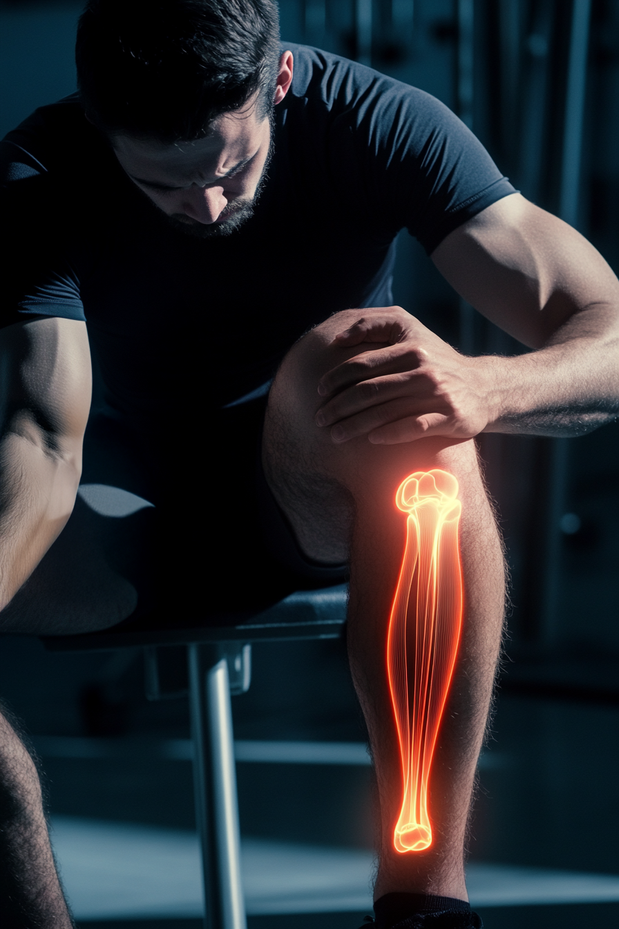 Male athlete sitting on a bench with hand on knee, digital highlight showing shinbone and knee discomfort