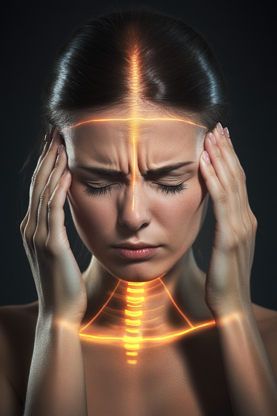 Woman holding her temples with eyes closed, visual showing illuminated neural pathway from forehead to neck indicating migraine pain