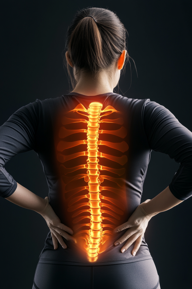 Woman holding lower back with glowing orange spine illustration showing spinal alignment and possible back pain