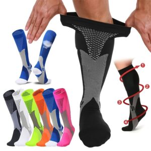 Various colors of compression socks displayed together with a visual demonstration of sock fit and pressure mapping