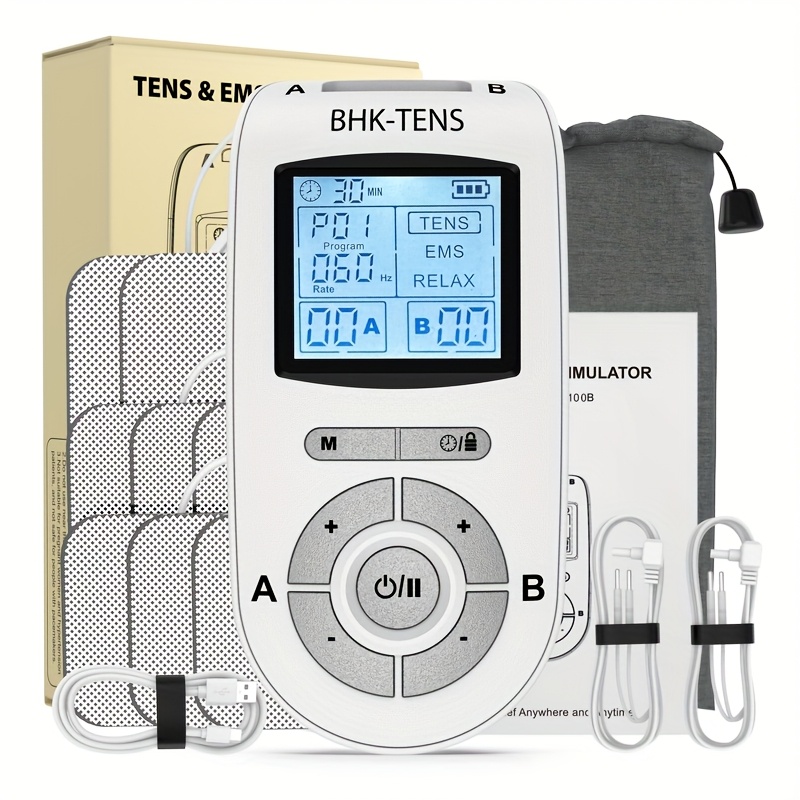 Full view of the BHK-TENS digital massager kit showing device, electrode patches, cables, storage pouch, and user manual with product packaging