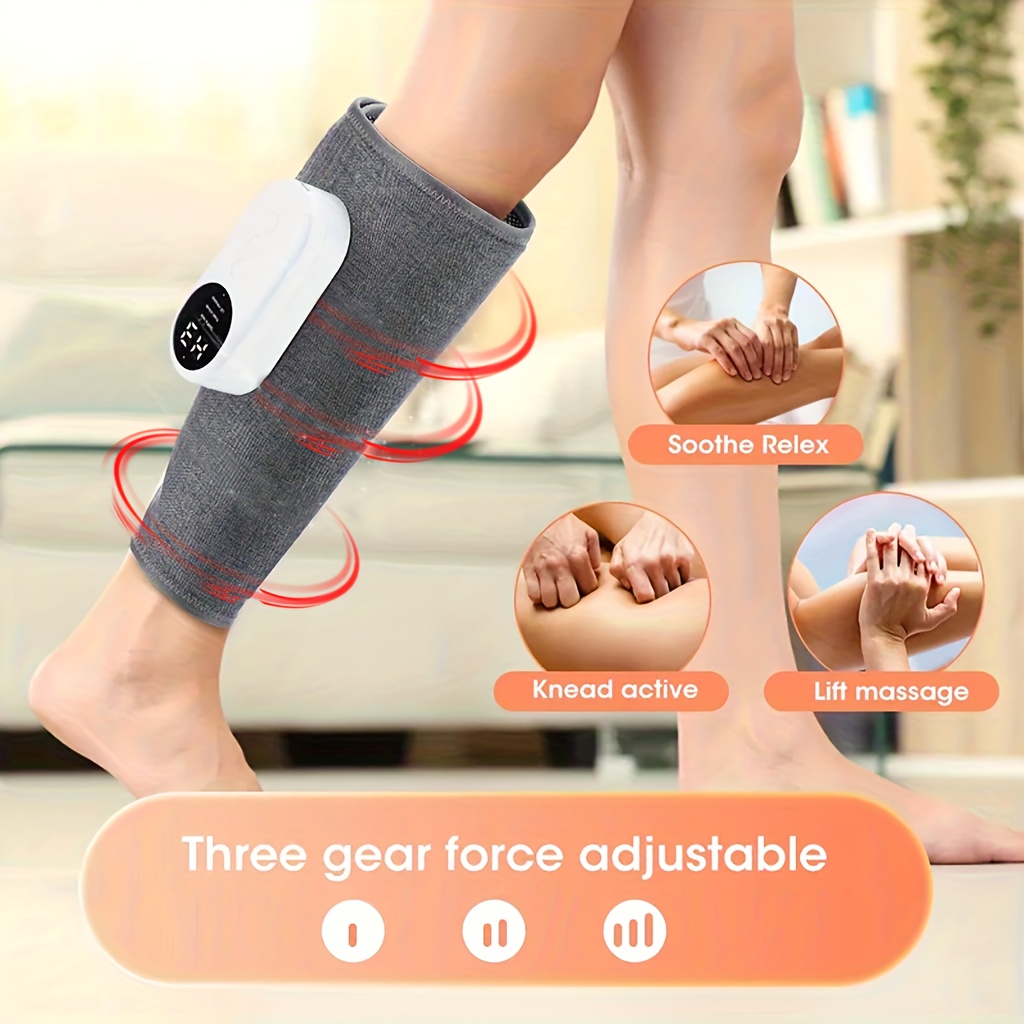 Person walking while wearing calf massager, with graphics showing soothe relax, knead active, and lift massage modes