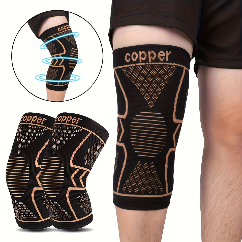 Full view of person wearing Copper Ion knee braces with close-up inset of compression spiral design