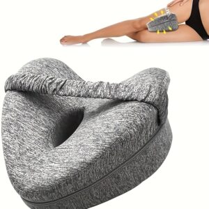 Grey leg pillow strapped between thighs demonstrating proper posture and leg alignment during sleep